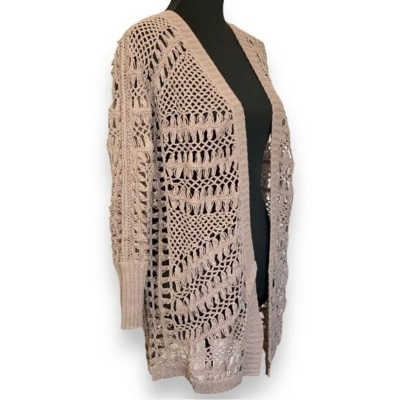 NWT GOLD HAWK Crochet Cardigan Sz.S Tan Open Front Knit 100% Cotton Cottage - Picture 6 of 12
